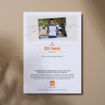 Såhär kommer gåvobladet se ut, utan personlig hälsning. Överst syns porträttbild på Louis, 9 år, i Libanon som håller upp en teckning av ett hus som han har ritat.